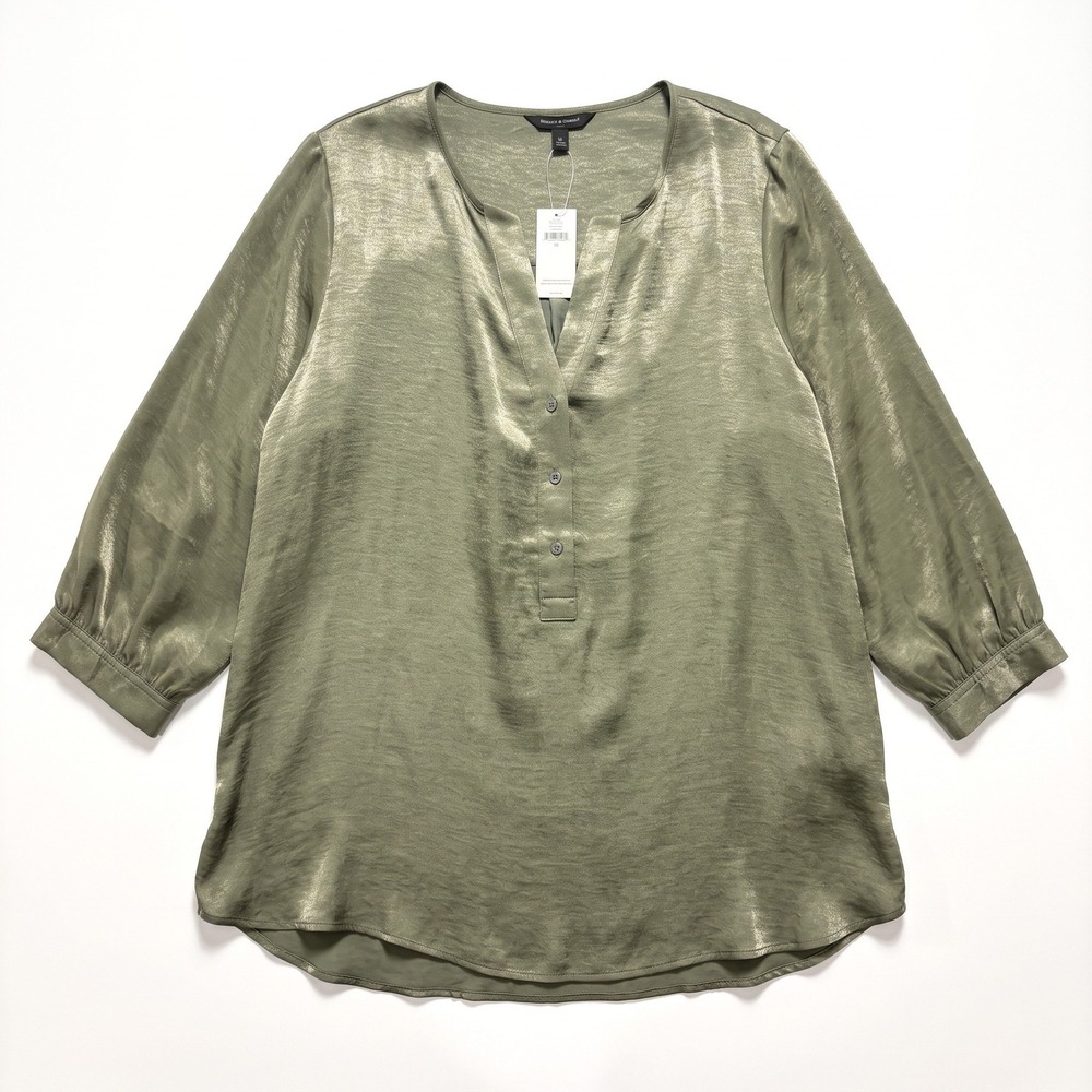 Banana Republic XL Olive Green Satin Henley Blouse Womens Boho Casual NWT